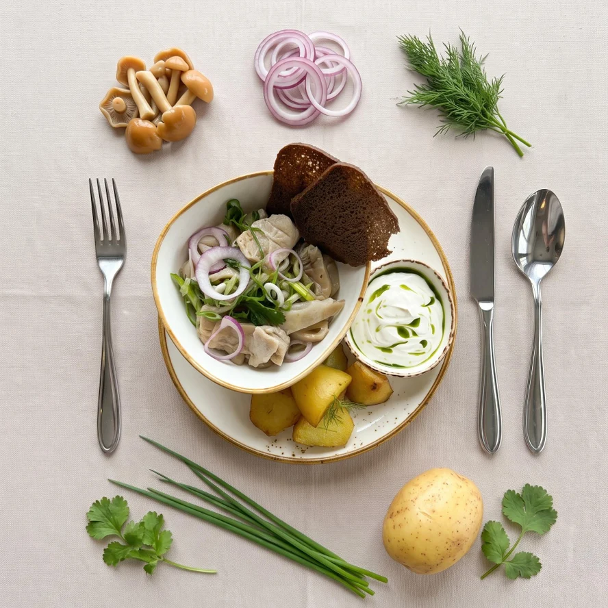 Грузди белые с душистым маслом, картофелем и сметаной